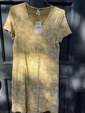 Pact Women’s Golden Garden Fit & Flare Yellow and White Floral V-Neck Dress